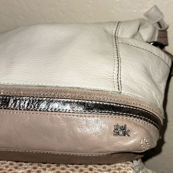 The Sak BOHO Small Purse Shoulder Hand Bag 100% LEATHER Ivory Taupe - Picture 9 of 11
